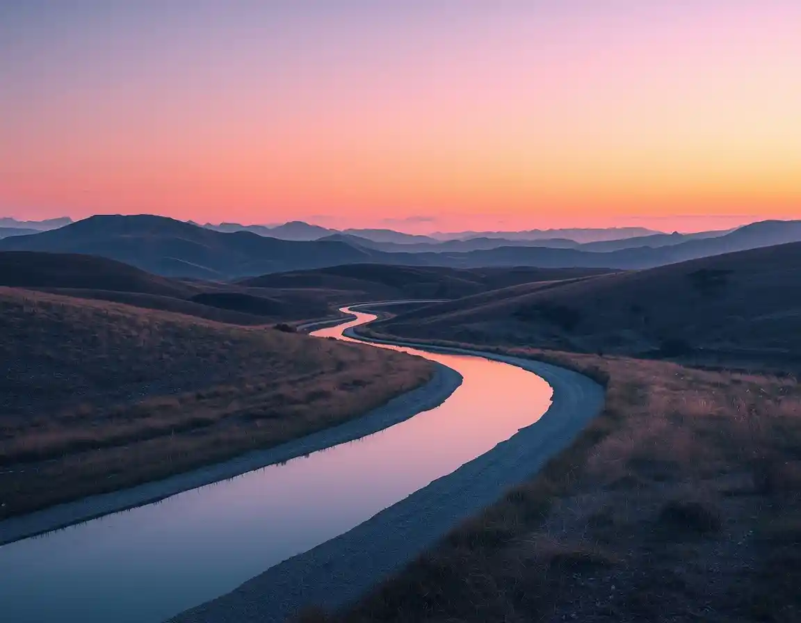 Abstract landscape showing a flowing cycling path through rolling hills at dusk