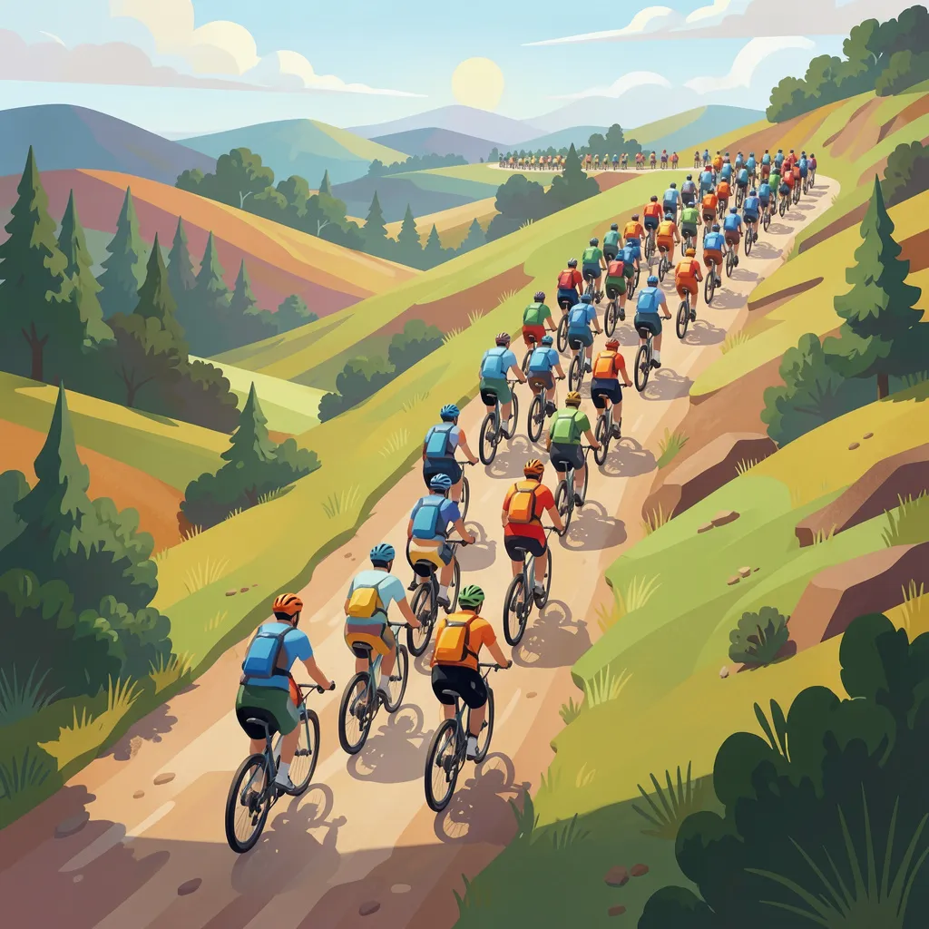 Abstract visualization of connected riders moving in coordinated formation along a path